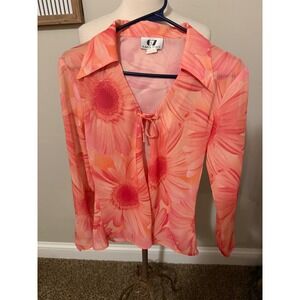 KAROL PLACE Sheer Floral Tie Front Blouse Shirt Top Orange Pink Medium